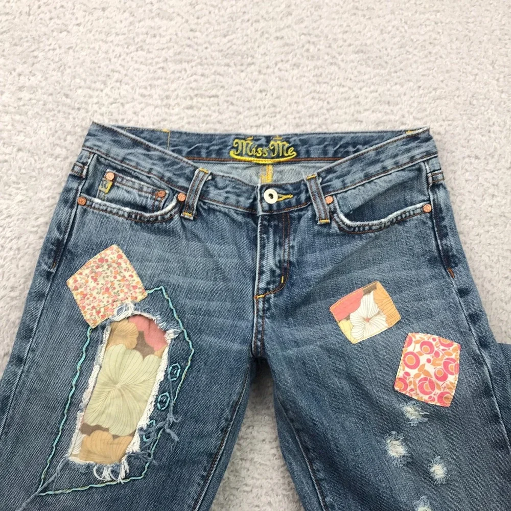 Miss Me Jeans Womens 29 (31x25) Distressed Patchwork Cropped Retro Hippie Denim - Picture 2 of 14